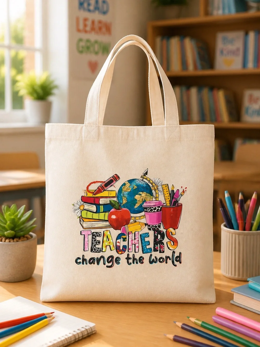Teachers Change the World Canvas Tote - Cream with Colorful Print